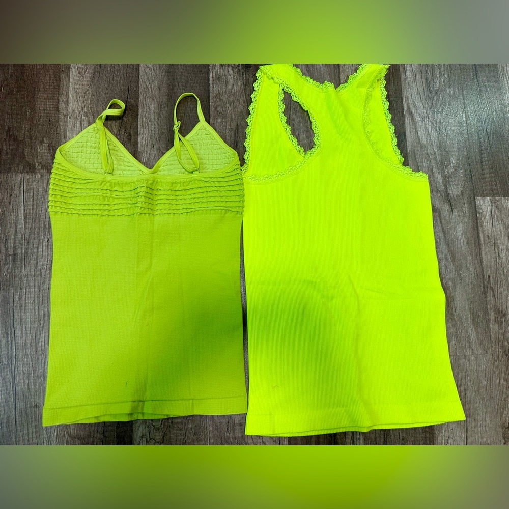 2‎ Neon Lime Green Camisole Tops Lace Trim Racerback and Pleated Bust Camis - Picture 4 of 4